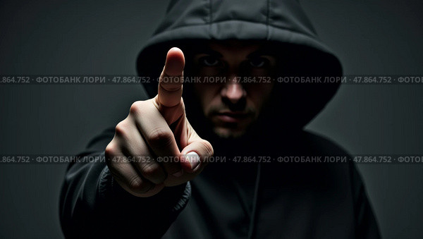 Dramatic lowkey portrait of a mysterious individual in a dark hooded sweatshirt with an emphasizing gesture against a dark gray background. Стоковое AI-изображение, AI-художник Андрей Бакусов / Фотобанк Лори