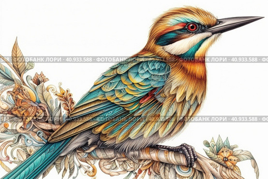 Drawing of a bee-eater on a white background, watercolor style, Generative AI. Стоковое AI-изображение, AI-художник Анна Кривицкая / Фотобанк Лори