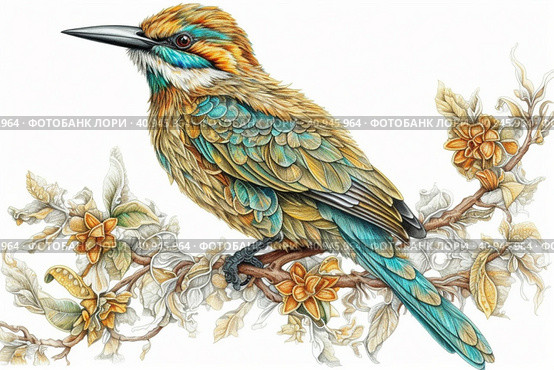 Drawing of a bee-eater on a white background, watercolor style, Generative AI. Стоковое AI-изображение, AI-художник Анна Кривицкая / Фотобанк Лори