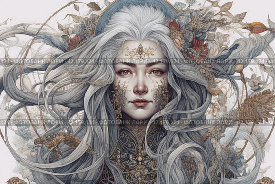 Drawing of a long-haired woman in shades of gray, portrait, ,Generative AI. Стоковое AI-изображение, AI-художник Анна Кривицкая / Фотобанк Лори