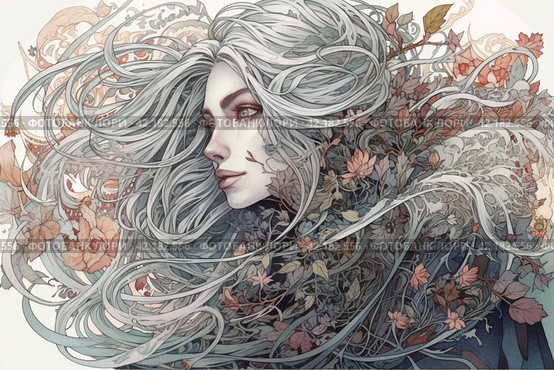 Drawing of a long-haired woman in shades of gray, portrait, ,Generative AI. Стоковое AI-изображение, AI-художник Анна Кривицкая / Фотобанк Лори