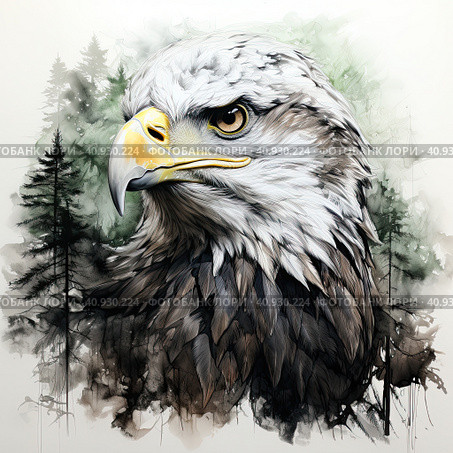 Drawing of the head of a unique American bald eagle in close-up. Generated by AI. Стоковое AI-изображение, AI-художник Ярославский Максим / Фотобанк Лори