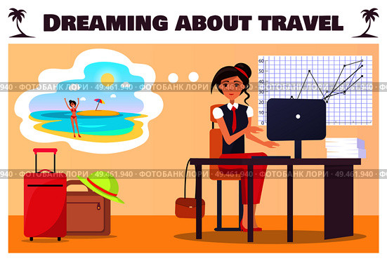 Dreaming about travel poster with woman at work. Office employee imagine herself in swimsuit on hot tropical beach cartoon flat vector illustration.. Dreaming about Travel poster with Woman at Work. Стоковая иллюстрация, агентство Ingram Publishing / Фотобанк Лори