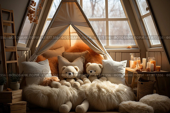 Dreams and Adventures: A Cozy Room With a Teepee Tent and a Delightful Gathering of Stuffed Animals. Стоковое AI-изображение, AI-художник Данила Большаков / Фотобанк Лори