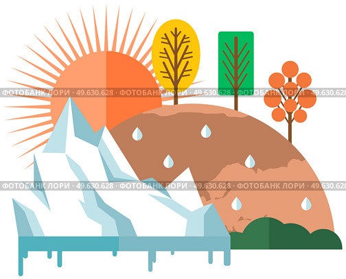 Dried, hot world globe with remaining trees. Sun heats surface of Earth, evaporating moisture and causing glaciers to melt. Global warming and environmental problem. Temperature of Earth is rising. Sun heats surface of Earth, evaporating moisture and causing glaciers to melt vector illustration. Стоковая иллюстрация, агентство Ingram Publishing / Фотобанк Лори