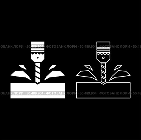Drill with cartridge material processing shavings bit stationary use set icon white color vector illustration image simple solid fill outline contour line thin flat style. Drill with cartridge material processing shavings bit stationary use set icon white color vector illustration image solid fill outline contour line thin flat style. Стоковая иллюстрация, агентство Ingram Publishing / Фотобанк Лори