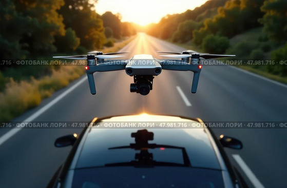 Drone takes off from the roof of a modern car driving on the road, front view from above. Use of drones in mapping of territories and reliefs. Стоковое AI-изображение, AI-художник Коханова Наталья / Фотобанк Лори