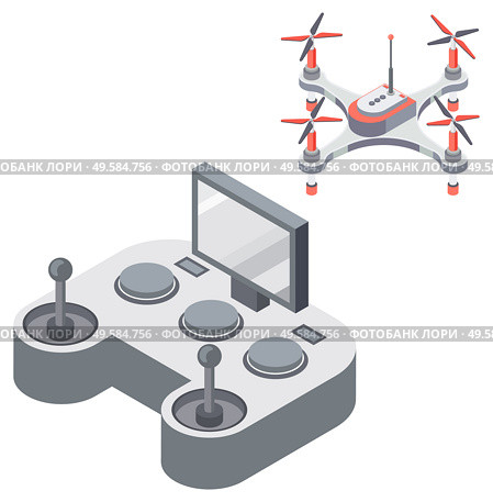 Drone with remote controller, wireless device with propellers, quadcopter symbol, aircraft with remotely radio controlled flying robots, discovery air robot for video and photo, multicopter vector. Quadcopter and Remote Controller, Drone Vector. Стоковая иллюстрация, агентство Ingram Publishing / Фотобанк Лори