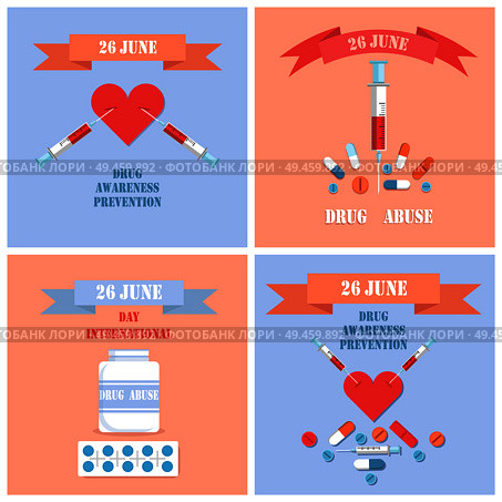Drug awareness prevention banner, international day June 26, heart and symbolic syringes filled with blood, collection of posters vector illustration. Drug Awareness Prevention Vector Illustration. Стоковая иллюстрация, агентство Ingram Publishing / Фотобанк Лори
