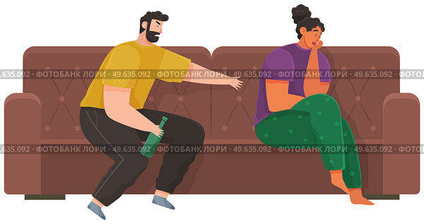 Drunk man scolding his wife while drinking booze. Arguing, reprimanding, having argument fight. Husband and wife breakup, parting and divorce. Family problems, couple conflicts. Marriage crisis. Drunk man scolding his wife while drinking booze. Arguing, reprimanding, having argument fight. Стоковая иллюстрация, агентство Ingram Publishing / Фотобанк Лори