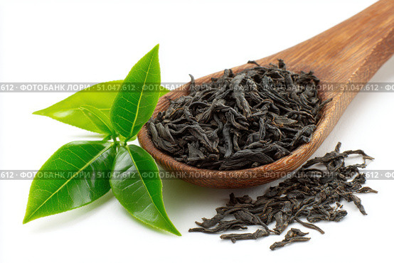 Dry black tea leaves in a wooden spoon isolated on white background. Pile of Dried fermented tea. Black Tea Leaves Heap. Close Up, Macro. Texture. Copy Space. Dried Tea. Abstract Food Drink Backdrop. Стоковое AI-изображение, AI-художник Марина Демидюк / Фотобанк Лори