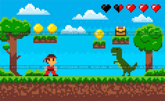 Duel of ninja and dragon characters on ground, green trees and grass, steps with coins and box, heart icon, screen of pixel game, adventure and war vector. Hero Dragon and Ninja, Pixel Game, Duel Vector. Стоковая иллюстрация, агентство Ingram Publishing / Фотобанк Лори