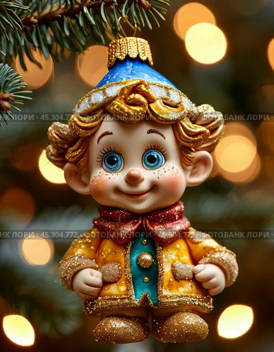 Dunno from Sunny City, bright Christmas tree toy. New Year's decor. Festive New Year's atmosphere. Стоковое AI-изображение, AI-художник Сергей Елизарьев / Фотобанк Лори
