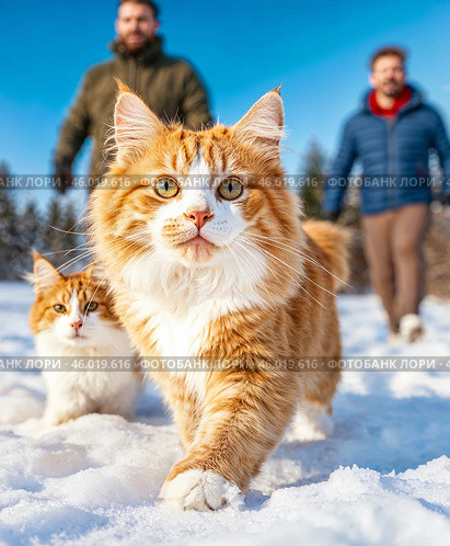 Два рыжих кота гуляют по снегу с хозяевами в ясный солнечный зимний день. Стоковое AI-изображение, AI-художник Сергей Никифоров-Гордеев / Фотобанк Лори