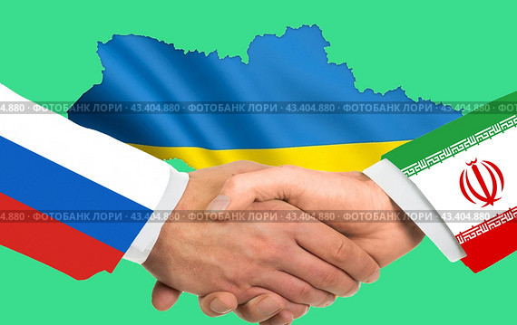 Две руки в рукопожатии с флагами России и Ирана на фоне карты Украины. Стоковая иллюстрация, иллюстратор Ярославский Максим / Фотобанк Лори