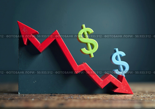 Двусторонняя стрелка роста и падения курса доллара. Two-way arrow for the rise and fall of the dollar exchange rate. Стоковое AI-изображение, AI-художник Смирнова Светлана / Фотобанк Лори