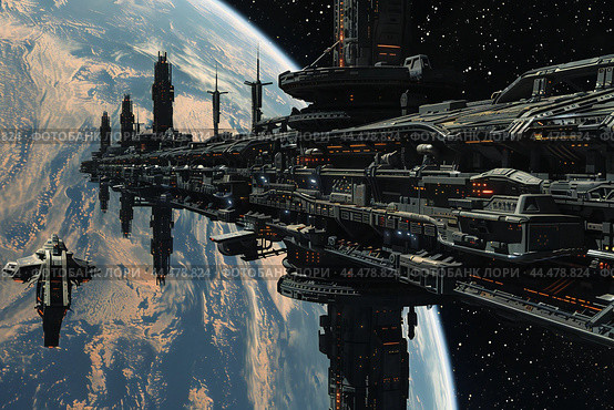 Dynamic 3D render of a space station orbiting a distant planet, with spaceships docking and departing, created by ai. Стоковое AI-изображение, AI-художник Виталий Сова / Фотобанк Лори