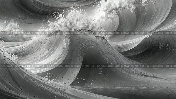 Dynamic abstract wave with splashing white foam in monochromatic gray tones. Стоковое AI-изображение, AI-художник Tatiana Syrtseva / Фотобанк Лори