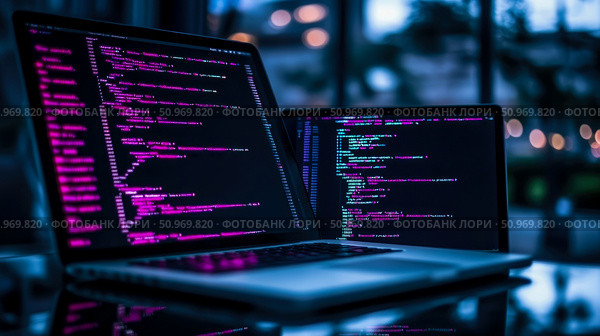 Dynamic close-up of two open laptops displaying vibrant lines of purple and blue programming code on their screens, set against a softly blurred dark background with warm bokeh lights, symbolizing modern software development and digital innovation. Стоковое AI-изображение, AI-художник Данила Большаков / Фотобанк Лори