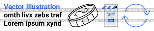 E-commerce coin, shopping cart on smartphone, and refresh arrows conveying commerce and modern trade. Ideal for online shopping, fintech, investment, e-commerce websites, apps, finance, marketing. E-commerce Coin, Shopping Cart on Smartphone, and Refresh Arrows Concept. Стоковая иллюстрация, агентство Ingram Publishing / Фотобанк Лори