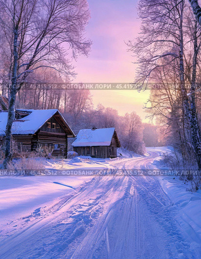 Early frosty morning in the village, village street, landscape. Стоковое AI-изображение, AI-художник Сергей Елизарьев / Фотобанк Лори