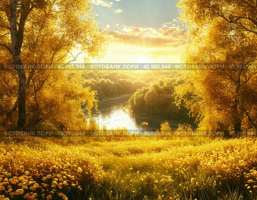 Early summer morning, sunrise. Forest landscape. Стоковое AI-изображение, AI-художник Сергей Елизарьев / Фотобанк Лори