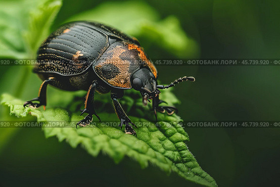 Earth boring dung beetle exploring green leaf in lush forest. Стоковое AI-изображение, AI-художник Иван Рябоконь / Фотобанк Лори