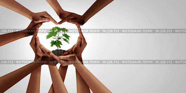 Earth day and earthday as group of diverse people joining to form heart hands connected together protecting the environment and promoting conservation and climate change issues as an image composite. Стоковое фото, агентство Ingram Publishing / Фотобанк Лори