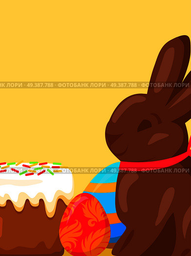 Easter festive concept with traditional holiday meals. Paschal kulich cowered glaze, bright painted eggs and chocolate bunny vector on color background. Easter sweets illustration for greeting cards. Easter Festive Concept with Traditional Meals. Стоковая иллюстрация, агентство Ingram Publishing / Фотобанк Лори