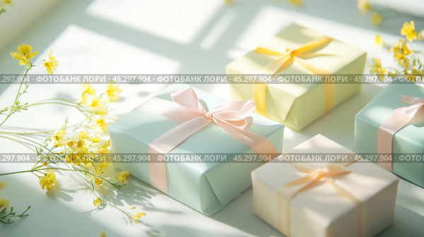 Easter gift boxes with pastel wrapping and delicate yellow flowers for spring celebrations. Стоковое AI-изображение, AI-художник Sabyna75 / Фотобанк Лори