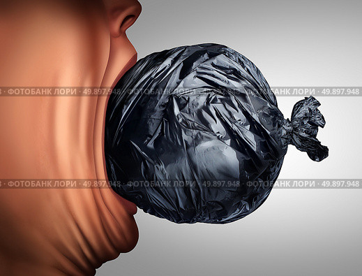 Eating garbage and unhealthy nutrition lifestyle as a person taking a bite out of a trash bag in a 3D illustration style as a health metaphor for disgusting menu habit or poverty hunger. Стоковое фото, агентство Ingram Publishing / Фотобанк Лори