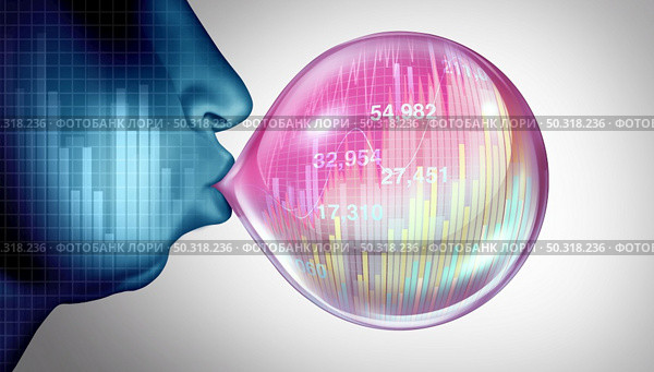 Economic bubble burst and stock market speculation concept or overvalued economy as a financial crisis and inflated prices as a finance risk to investors and speculative valuation ready to pop with 3D render elements. Стоковое фото, агентство Ingram Publishing / Фотобанк Лори