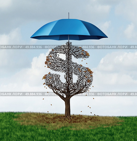 Economic protectionism policy and financial closed trade restrictions as a tree shaped as a money dollar sign losing leaves due to a security umbrella blocking needed sun and rain resulting in business damage and disadvantage. Стоковое фото, агентство Ingram Publishing / Фотобанк Лори