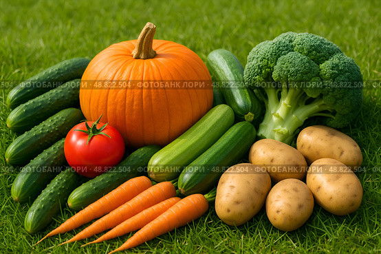 Edible colorful background of freshly picked vegetables: pumpkin, cucumbers, zucchini, potatoes, carrots, broccoli, tomatoes on green grass. Healthy organic vitamin food for vegan and vegetarian. Стоковое AI-изображение, AI-художник Iva Noel / Фотобанк Лори