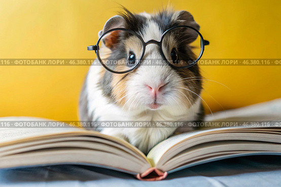 Education and reading. A funny little guinea pig in round glasses reads a book on a yellow background. Стоковое AI-изображение, AI-художник Photojuli / Фотобанк Лори