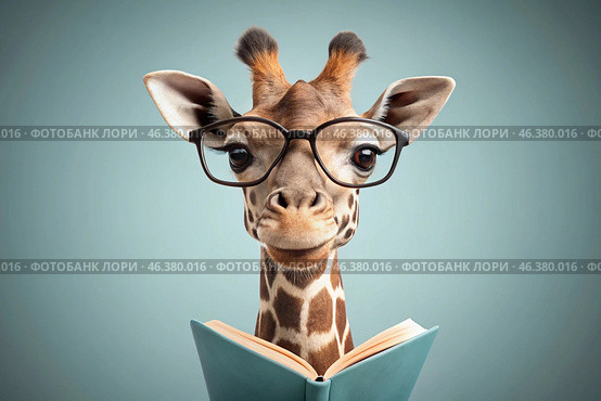 Education and reading. Funny African giraffe with glasses reads a book on a blue background. Стоковое AI-изображение, AI-художник Photojuli / Фотобанк Лори