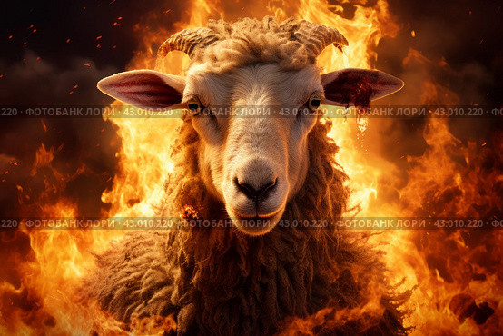 Eerie Nightmare sheep with fire flames. Generate ai. Стоковое AI-изображение, AI-художник Иван Рябоконь / Фотобанк Лори