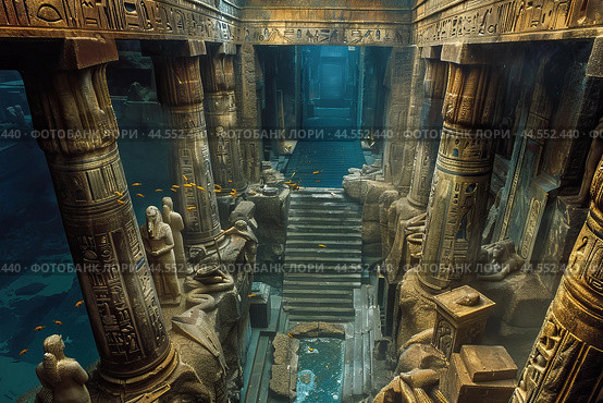 Eerie view of ancient submerged temple with hieroglyphics and statues. Стоковое AI-изображение, AI-художник Иван Рябоконь / Фотобанк Лори