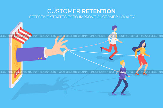 Effective strategies to improve customers loyalty vector, client retention poster. Hand of businessman holding people on thread, man and woman running. Customer retention. Customer Retention, Improving Client Loyalty. Стоковая иллюстрация, агентство Ingram Publishing / Фотобанк Лори