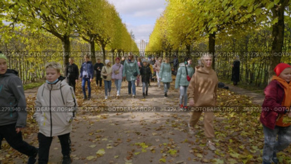 Екатерининский парк (Царское Село). Туристы на Эрмитажной аллее. Catherine Park (Tsarskoye Selo). Tourists on the Hermitage Alley. (2021 год). Редакционное видео, видеограф Евгений Романов / Фотобанк Лори