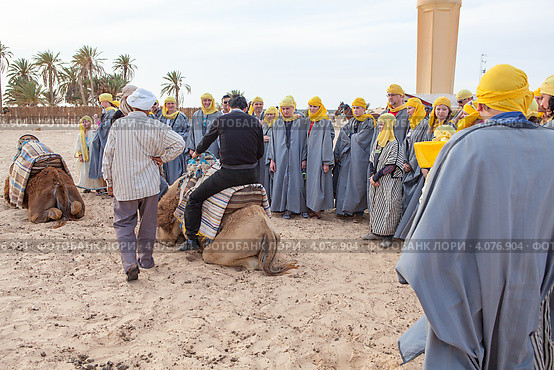 Экскурсовод показывает туристам, как правильно слезать с верблюда. Douz, Tunisia (2012 год). Редакционное фото, фотограф Кекяляйнен Андрей / Фотобанк Лори
