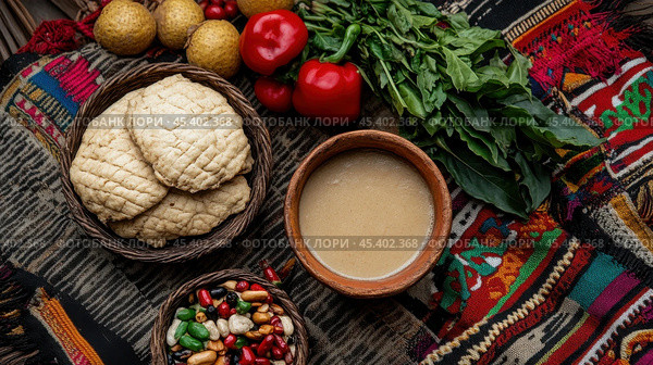 Эквадорская квартира día de los difuntos с традиционными продуктами питания и текстилем. Стоковое AI-изображение, AI-художник ФотоИнтеллект / Фотобанк Лори