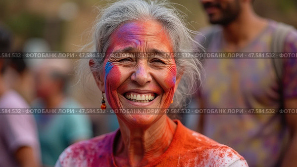 Elder Woman Smiling Joyfully During Holi Festival Celebration With Vibrant Colors and Joyous Atmosphere in Springtime Festivities. Стоковое AI-изображение, AI-художник Sergey Grishin / Фотобанк Лори