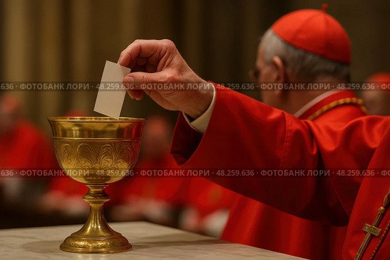 Elderly caucasian male clergy participating in religious voting ceremony with golden chalice. conclave. Стоковое AI-изображение, AI-художник Башкирова Анна / Фотобанк Лори