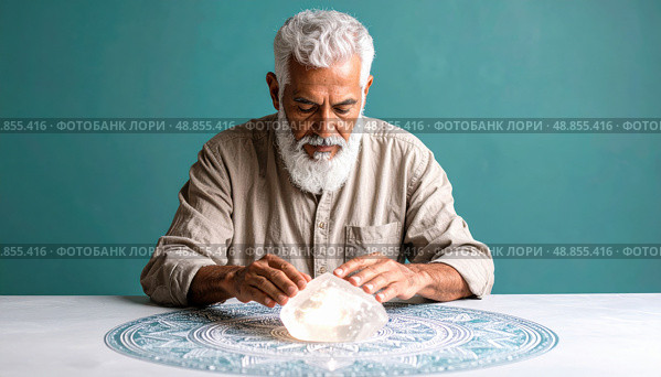 Elderly man practices energy healing with glowing crystal suggesting spiritual wisdom, mysticism, and metaphysical traditions. Стоковое AI-изображение, AI-художник Ольга Сухарева / Фотобанк Лори