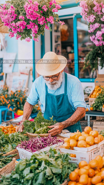 Elderly Man Selling Fresh Produce at a Vibrant Farmers Market. Стоковое AI-изображение, AI-художник Данила Большаков / Фотобанк Лори