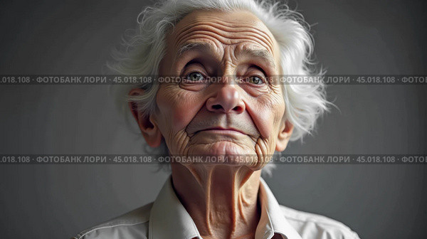Elderly person with advanced cognitive decline, dementia or senility, wrinkled skin, disoriented expression, symbolizing aging, memory loss, mental deterioration, old age cognitive impairment. Стоковое AI-изображение, AI-художник Павел Муравьев / Фотобанк Лори