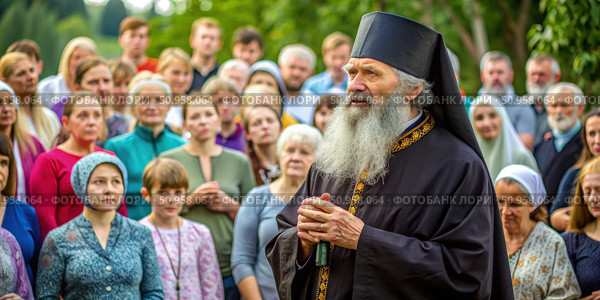 Elderly Russian Orthodox Priest Addresses Congregation Outdoors. Generative AI. Стоковое AI-изображение, AI-художник Roman Zavorotny / Фотобанк Лори