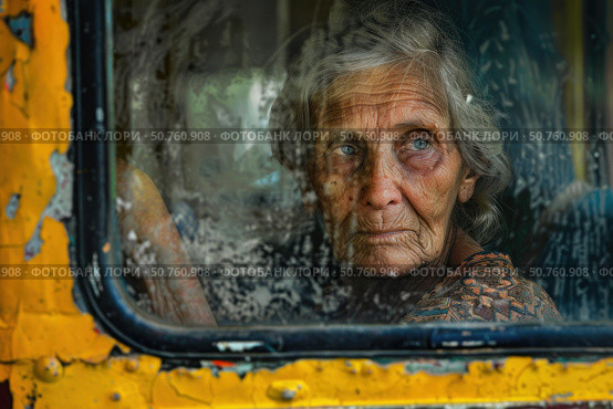 Elderly woman looking through dirty bus window reflecting poverty and hardship. Стоковое AI-изображение, AI-художник Иван Рябоконь / Фотобанк Лори