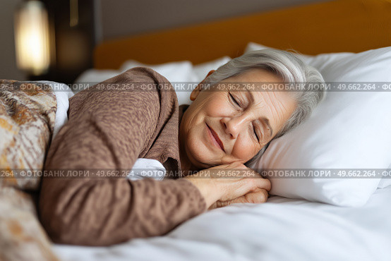 Elderly woman peacefully sleeping with a gentle smile in a cozy bedroom. Пожилая женщина мирно спит с нежной улыбкой в уютной спальне. Стоковое AI-изображение, AI-художник Katsiaryna Repich / Фотобанк Лори